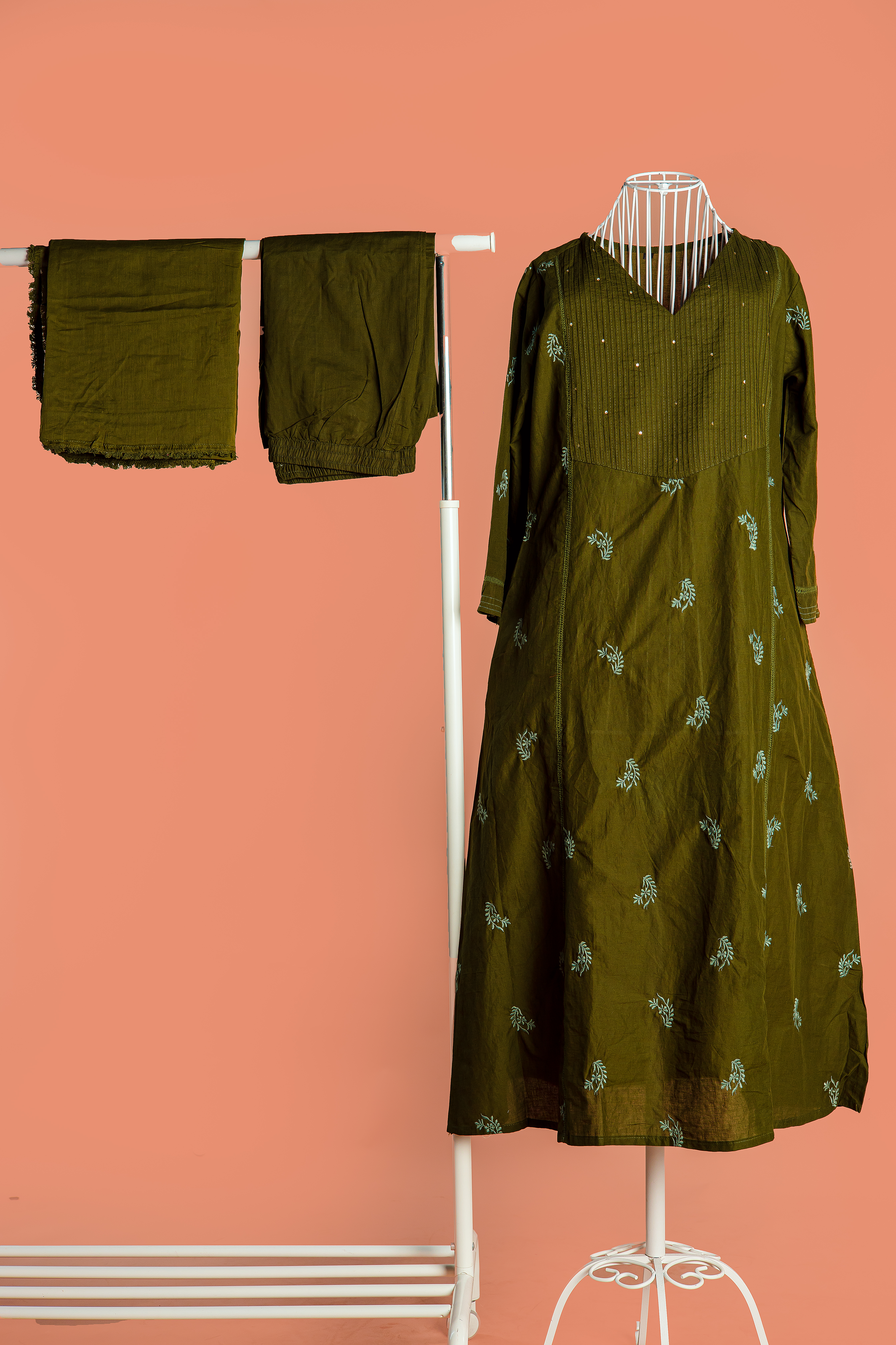 Olive Green Embroidered Anarkali Suit Set