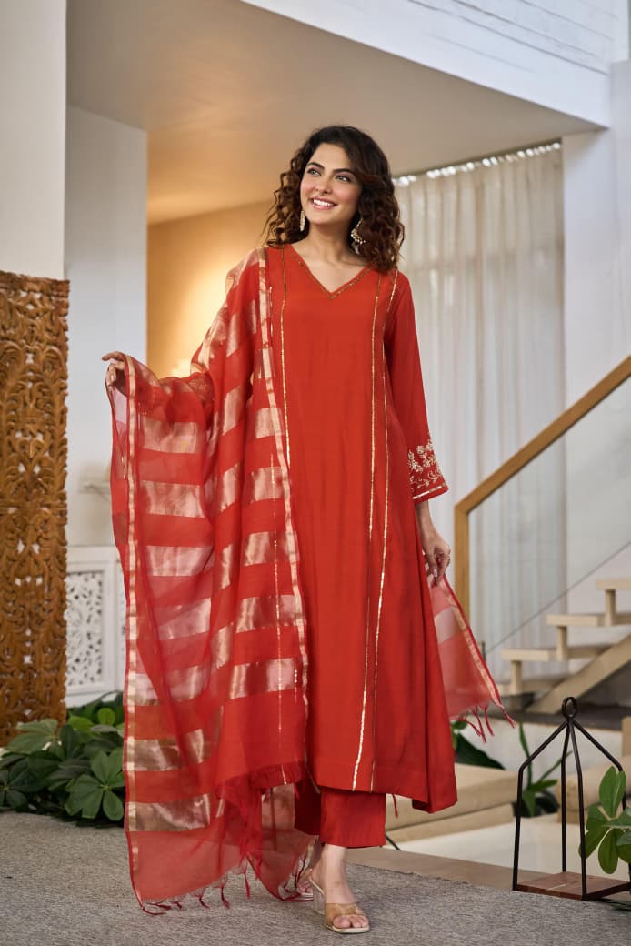 Rust Mal Chanderi Suit