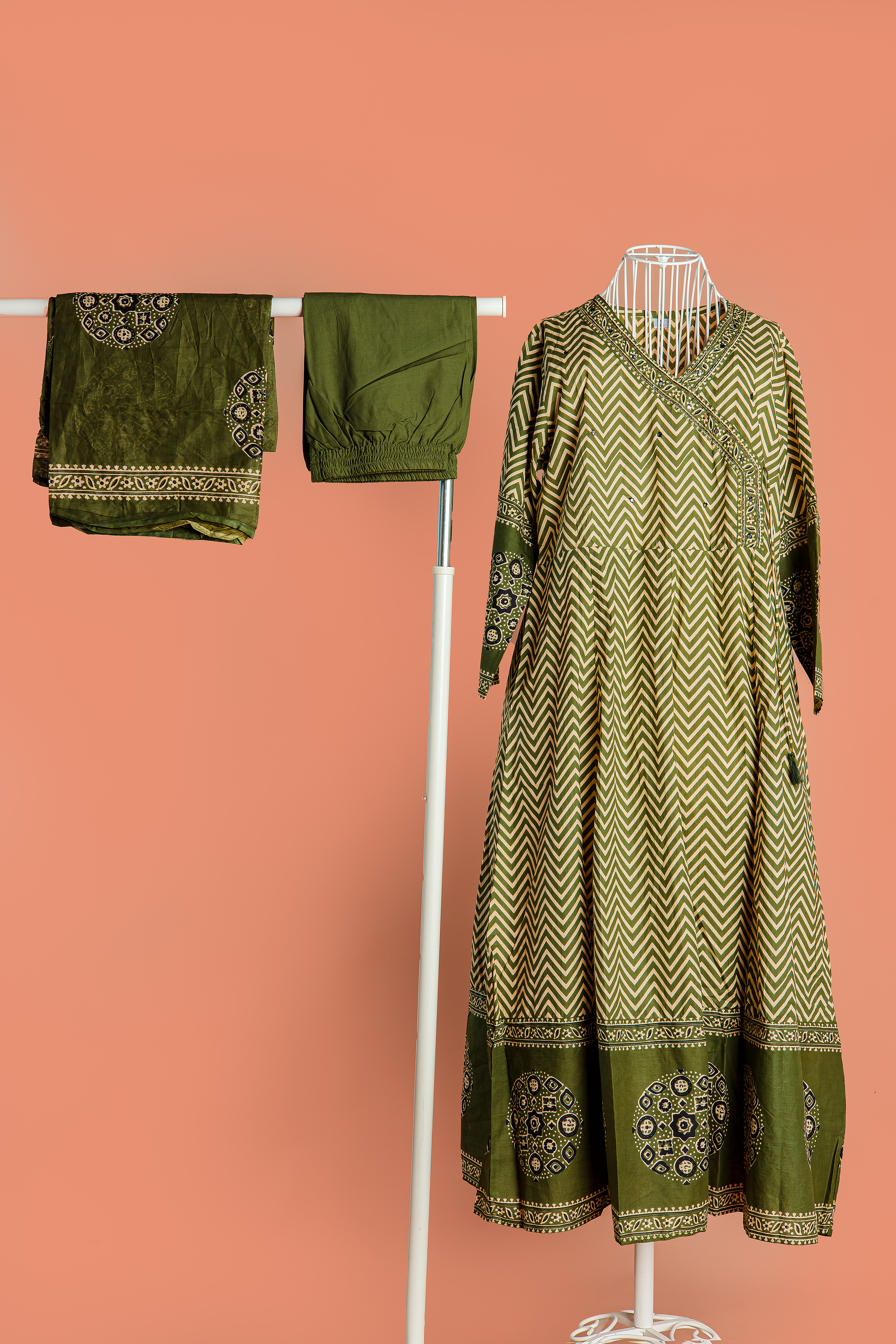 Green Chevron Print Anarkali Suit Set